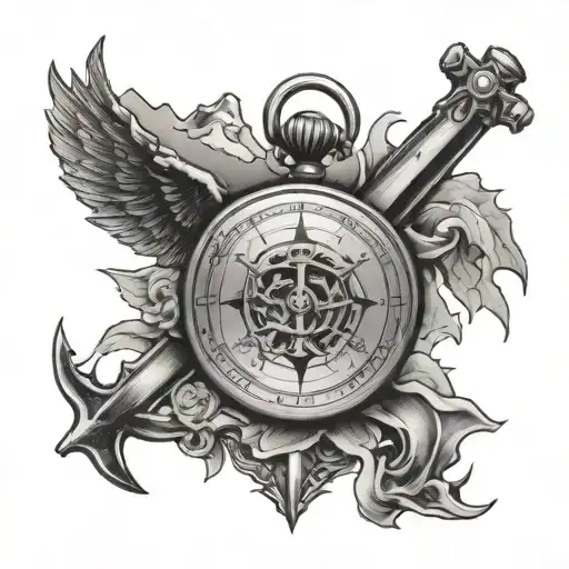 Compass pocket watch anchor swallow and mountains with cross tattoo design idea
