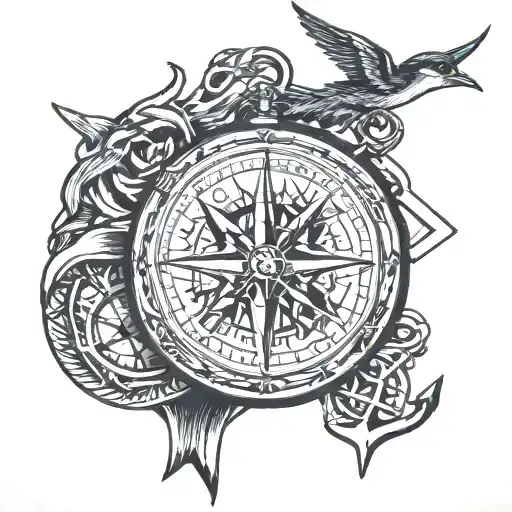 Compass pocket watch anchor swallow and mountains tattoo design idea