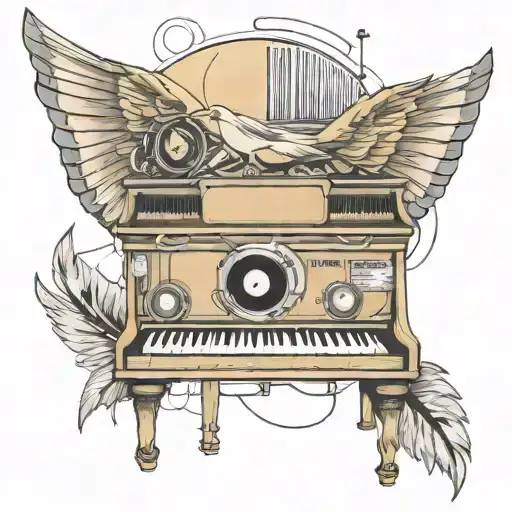 Background: Shade of wing, film reel, tape reel, piano keys, music, chords,  tattoo design idea