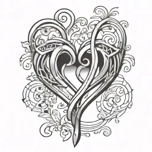 A tattoo design of two intertwined musical staffs forming the shape of a heart, with a small dedication to a cousin incorporated within the design tattoo design idea