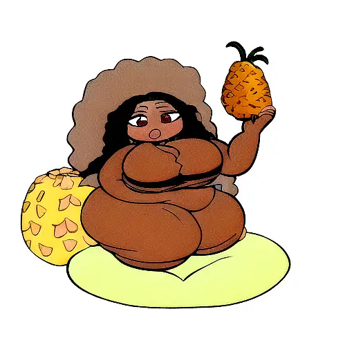 a plus size black woman with dreadlocks eating mushrooms, cocoa, pinapples, and mango tattoo design idea