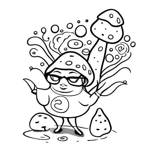 a black plus size woman with glasses in a mushroom custume and under it, it says "Fun Guy" tattoo design idea
