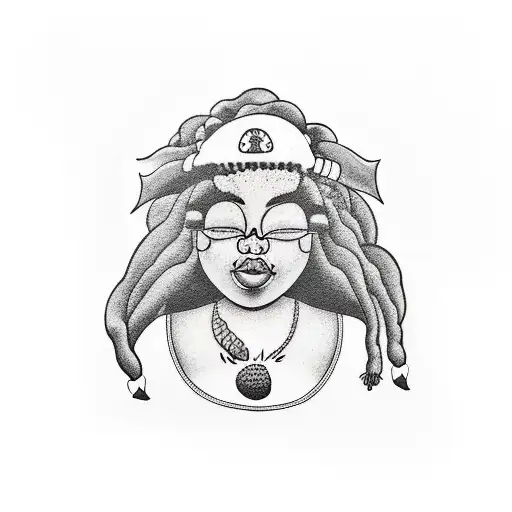 a plus size black woman with dreadlocks eating mushrooms, cocoa, pinapples, and mango tattoo design idea