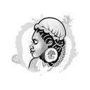 a plus size black woman with dreadlocks eating mushrooms, cocoa, pinapples, and mango tattoo design idea
