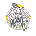 a plus size black woman with dreadlocks eating mushrooms, cocoa, pinapples, and mango tattoo design idea