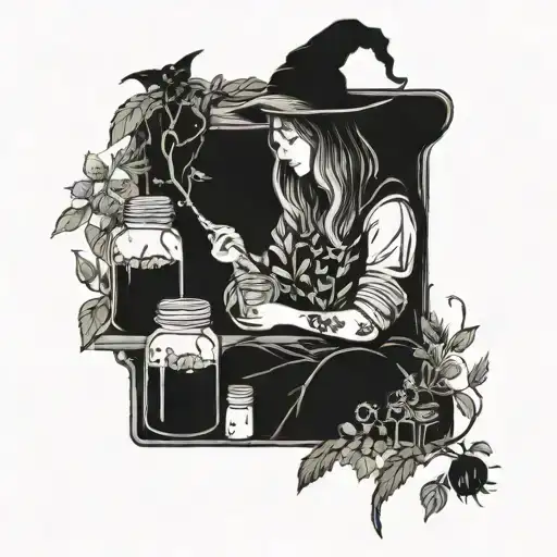 A mystical garden scene with a witch tending to her plants and herbs surrounded by canning jars filled with magical potions tattoo design idea