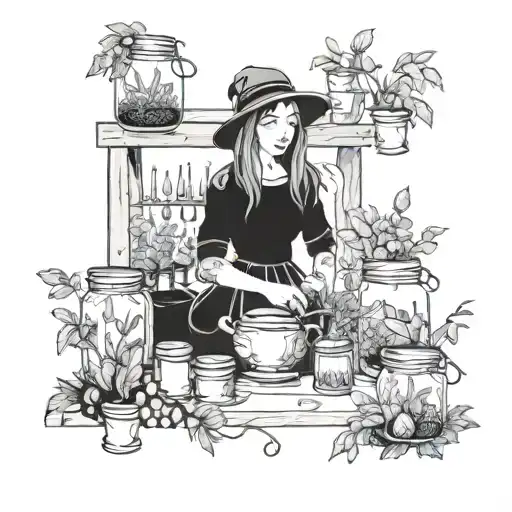 A mystical garden scene with a witch tending to her plants and herbs surrounded by canning jars filled with magical potions tattoo design idea