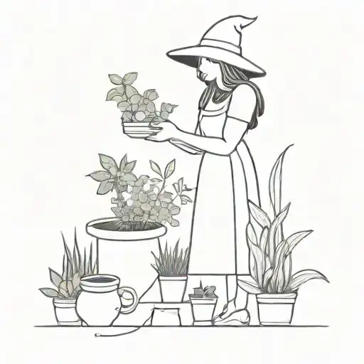 A garden scene with a witch tending to her plants and herbs tattoo design idea