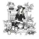 A mystical garden scene with a witch tending to her plants and herbs surrounded by canning jars filled with magical potions tattoo design idea