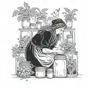 A mystical garden scene with a witch tending to her plants and herbs surrounded by canning jars filled with magical potions tattoo design idea