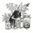 A mystical garden scene with a witch tending to her plants and herbs surrounded by canning jars filled with magical potions tattoo design idea