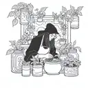 A mystical garden scene with a witch tending to her plants and herbs surrounded by canning jars filled with magical potions tattoo design idea