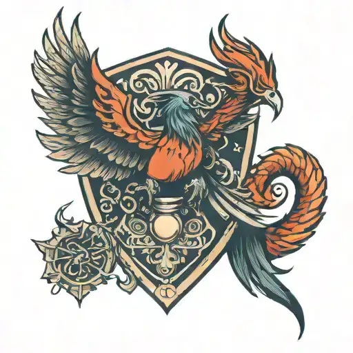 kráken with minimal wrath shield with phoenix tattoo design idea