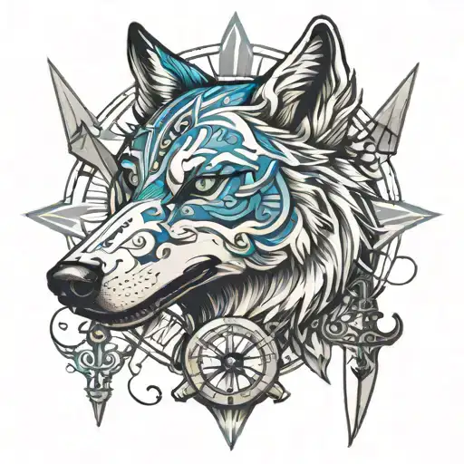 blue eyes wolf head with compass and dagger  tattoo design idea