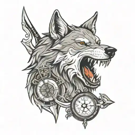 wolf head with compass and dagger piercing tattoo design idea