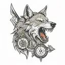 wolf head with compass and dagger piercing tattoo design idea