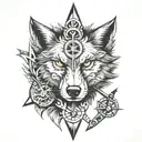 wolf head with compass and dagger piercing tattoo design idea