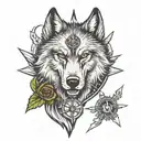 wolf head with compass and dagger piercing tattoo design idea