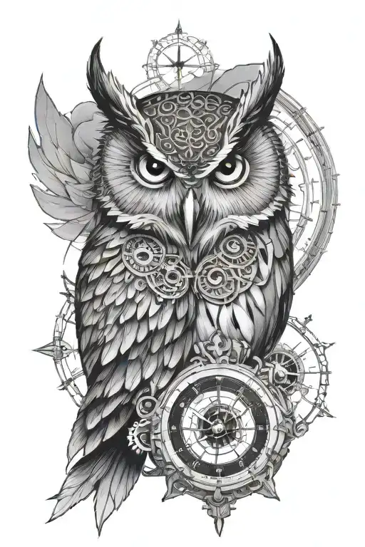 owl with one eye as a clock and the other one compass  tattoo design idea