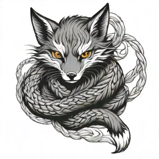 draw me a female kitsune lying down and with her 8 braided tails forming a heart tattoo design idea