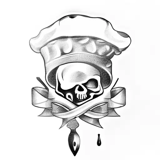 A tattoo of a chef's hat with a skull design, incorporating elements of cooking utensils and piercing jewelry. tattoo design idea