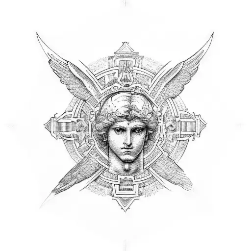 Raphael's angelic figure surrounded by celestial symbols tattoo design idea
