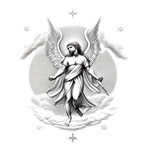 Raphael's angelic figure surrounded by celestial symbols tattoo design idea