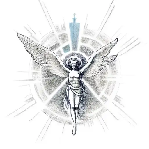 Raphael's angelic figure surrounded by celestial symbols tattoo design idea