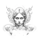 Raphael's angelic figure surrounded by celestial symbols tattoo design idea