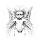 Raphael's angelic figure surrounded by celestial symbols tattoo design idea