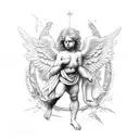 Raphael's angelic figure surrounded by celestial symbols tattoo design idea