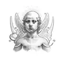 Raphael's angelic figure surrounded by celestial symbols tattoo design idea
