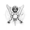 Raphael's angelic figure surrounded by celestial symbols tattoo design idea