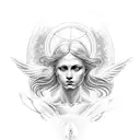 Raphael's angelic figure surrounded by celestial symbols tattoo design idea
