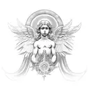 Raphael's angelic figure surrounded by celestial symbols tattoo design idea