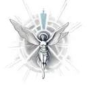 Raphael's angelic figure surrounded by celestial symbols tattoo design idea