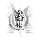 Raphael's angelic figure surrounded by celestial symbols tattoo design idea