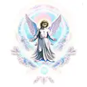 Raphael's angelic figure surrounded by celestial symbols tattoo design idea