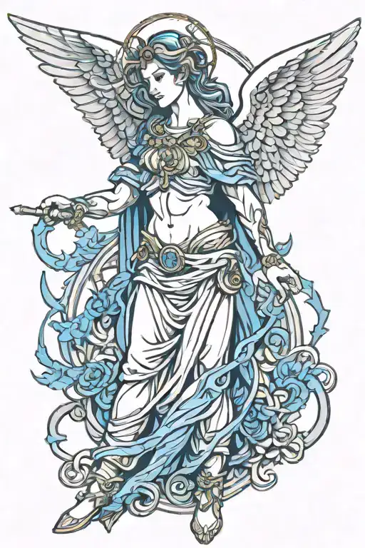 arch angel michael with blue line art tattoo design idea