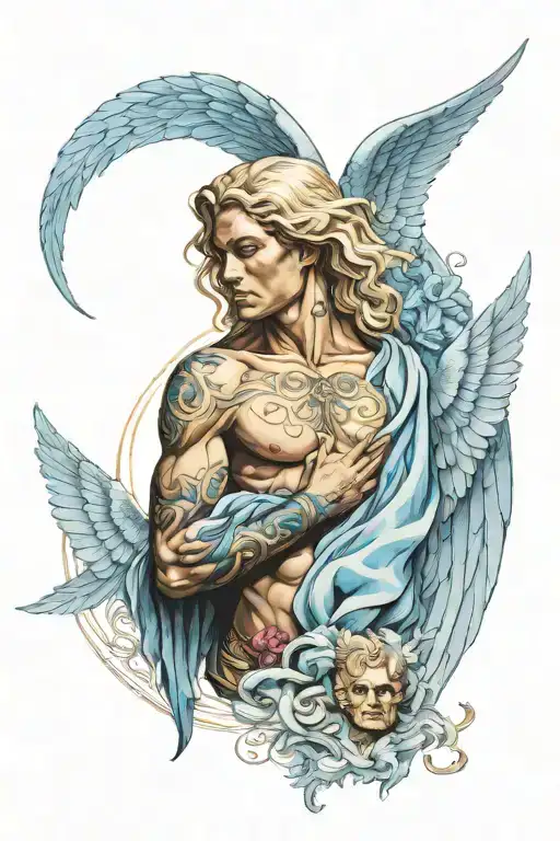 arch angel michael with blue line art tattoo design idea