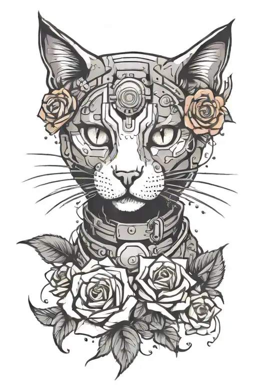 cat cyberpunk roses blooming tattoo design idea
