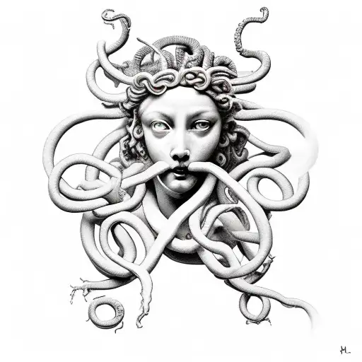 renaissance style dipicting Greek mythology like medusa being killed   tattoo design idea