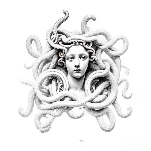renaissance style dipicting Greek mythology like medusa being killed   tattoo design idea