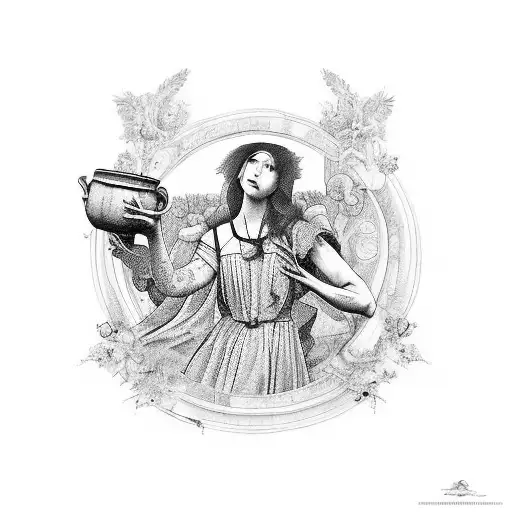 "Create a detailed tattoo design inspired by Renaissance painting, featuring a graceful woman holding a water vessel and tattoo design idea