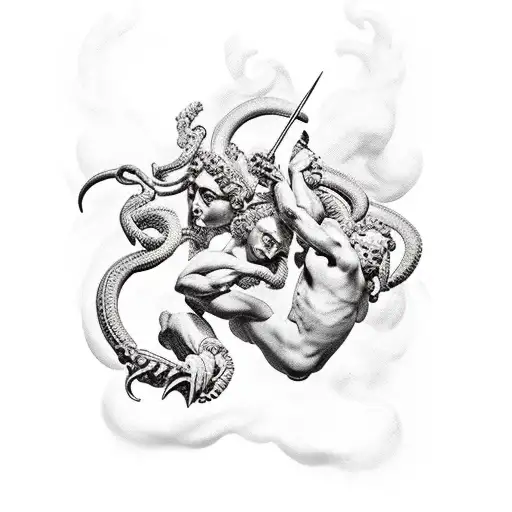 renaissance style painting dipicting Greek mythology Perseus killing  medusa tattoo design idea
