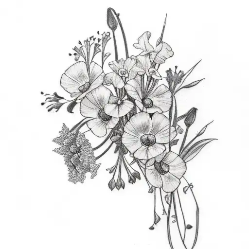 simple tattoo with gladiolus', violets, primeroses, daisies, sweet peas, and poppies tattoo design idea