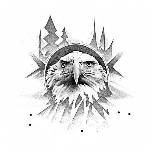 A majestic bald eagle soaring over a mountain range tattoo design idea