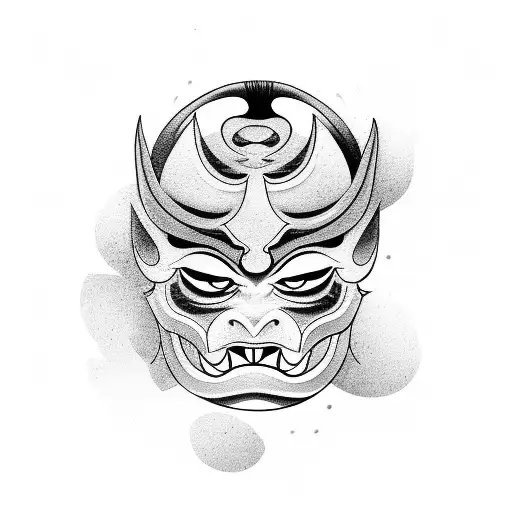 Pin up girl wearing bottom part of a Japanese Oni mask tattoo design idea