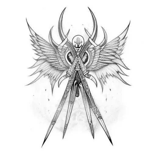 draw a tribal tattoo including details with knifes and angelns. In the middle is a person with two demon wings tattoo design idea