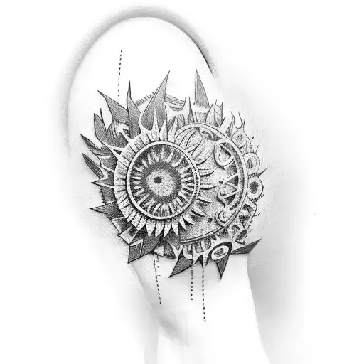 robotic arm sleeve with sunflowers stuck in the gears tattoo design idea